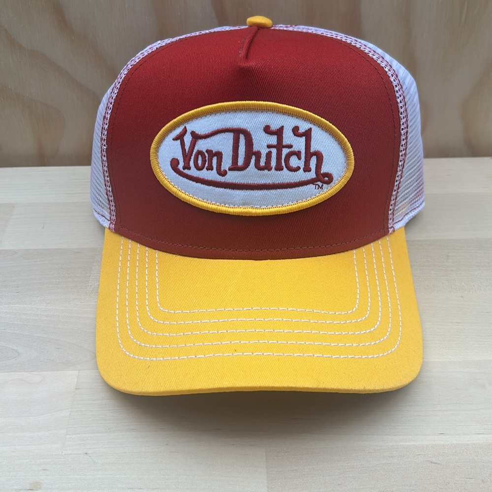 Von Dutch Trucker Hat Red Yellow White Logo Patch Snapback Mesh Cap Mens OSFM